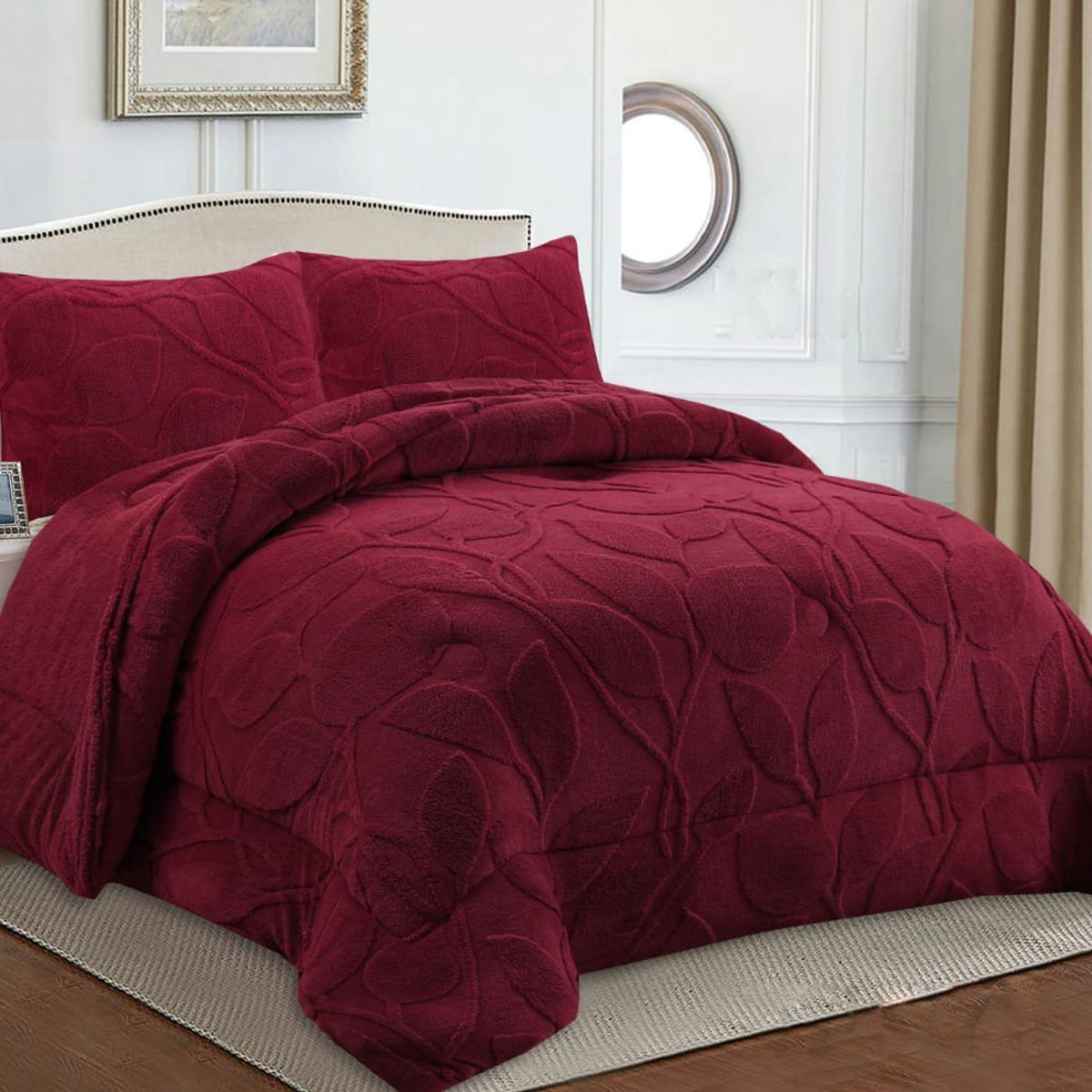 GENERICO - COBERTOR TEXTURIZADO DE FLORES CON CHIPORRO COLOR BURDEO KING TF