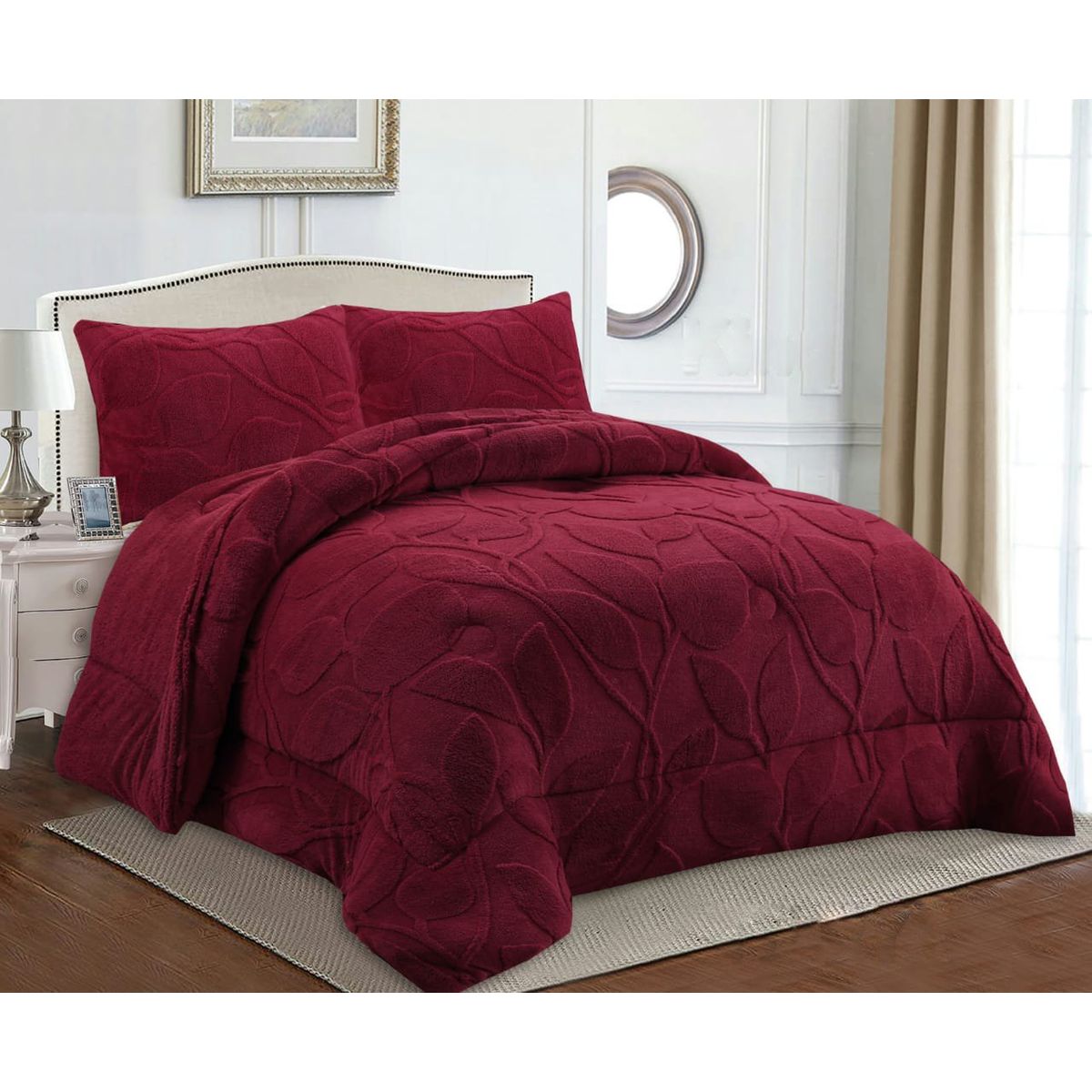 GENERICO - COBERTOR TEXTURIZADO DE FLORES CON CHIPORRO COLOR BURDEO KING TF