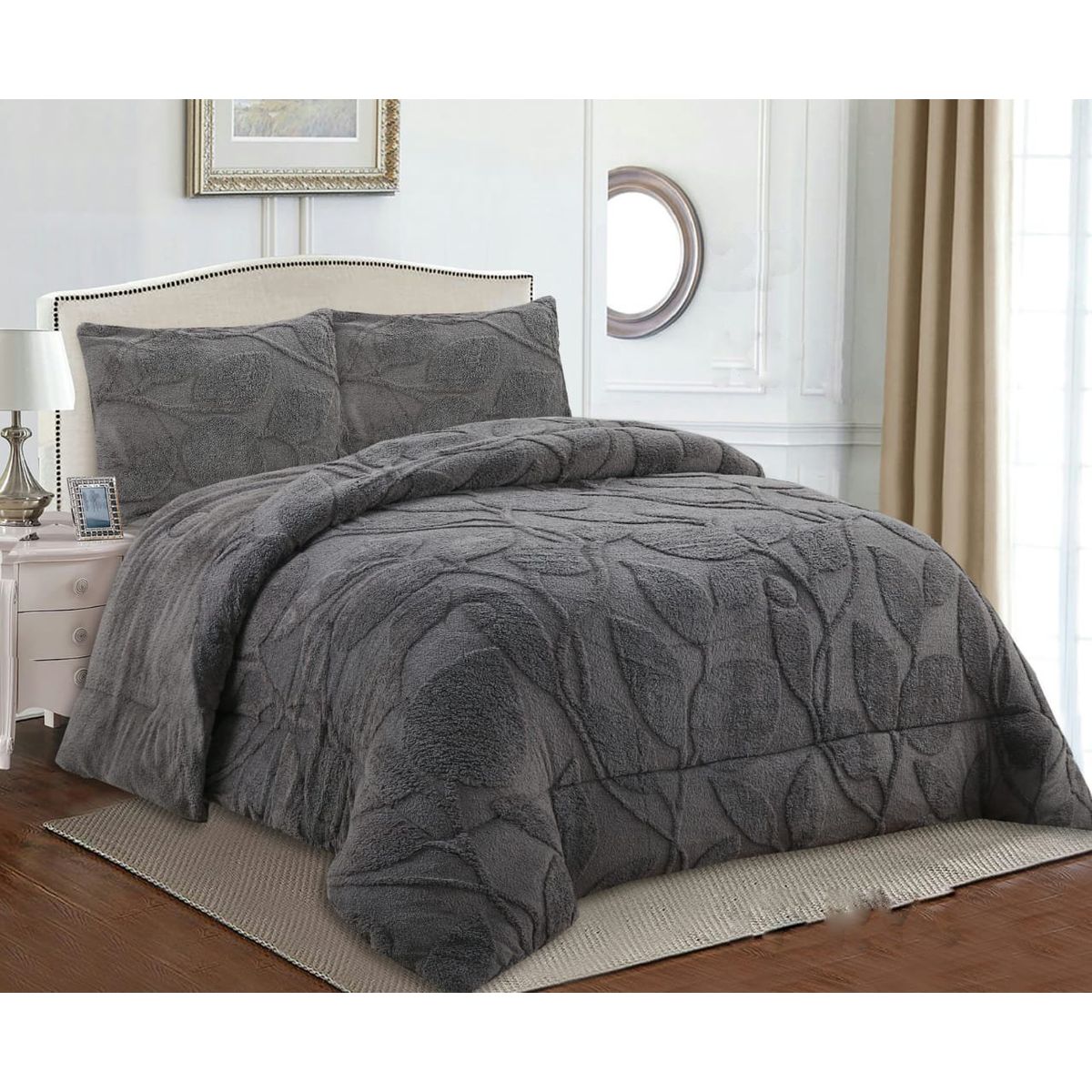 GENERICO - COBERTOR TEXTURIZADO DE FLORES CON CHIPORRO GRIS OSCURO KING TF