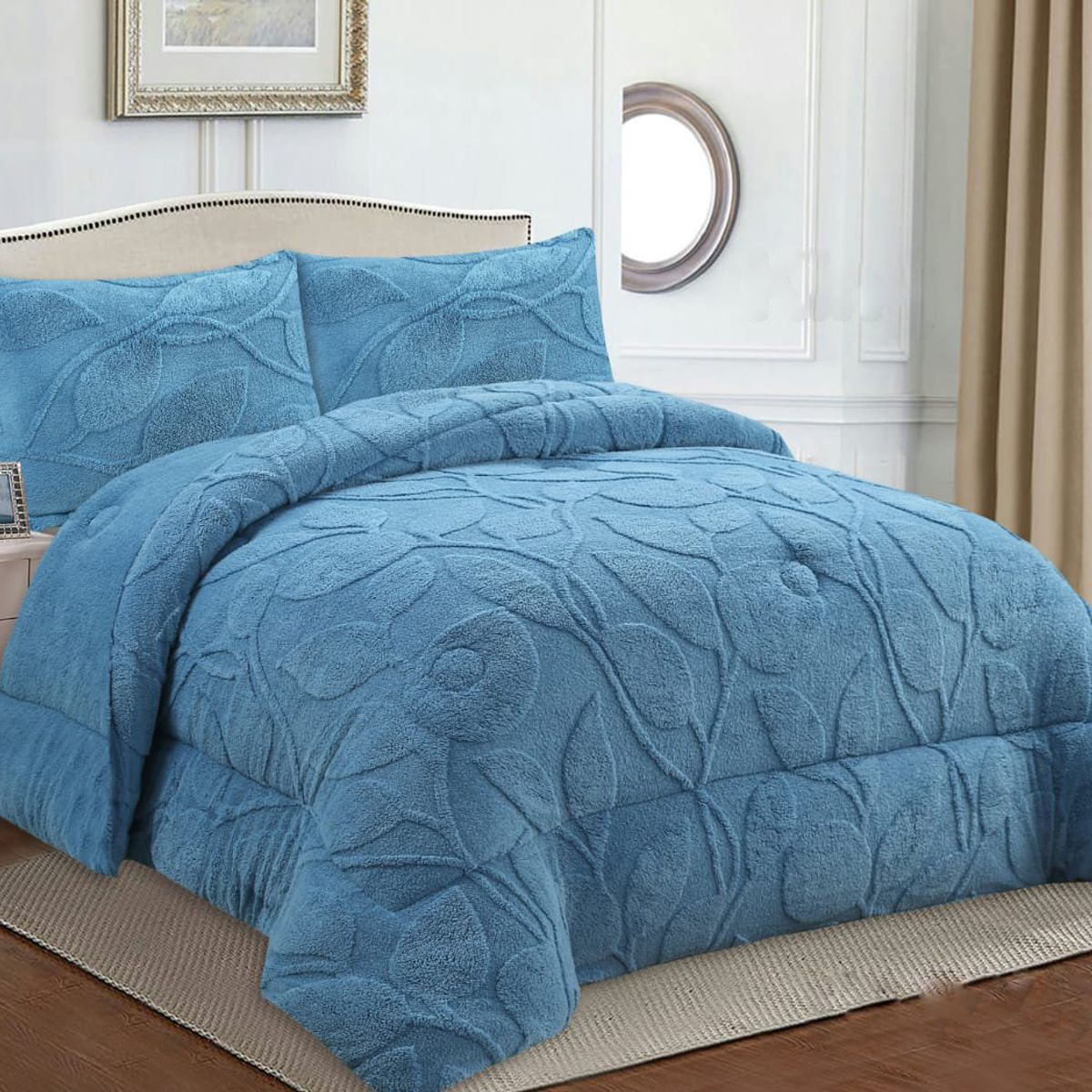 GENERICO - COBERTOR TEXTURIZADO DE FLORES CON CHIPORRO COLOR AZUL KING TF