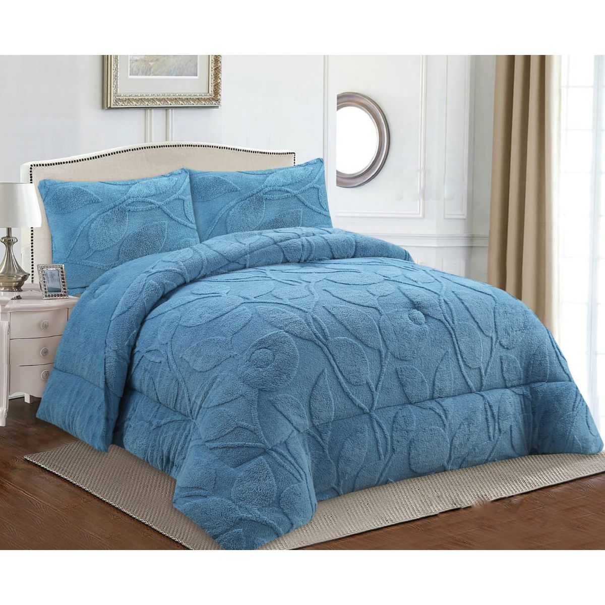 GENERICO - COBERTOR TEXTURIZADO DE FLORES CON CHIPORRO COLOR AZUL KING TF