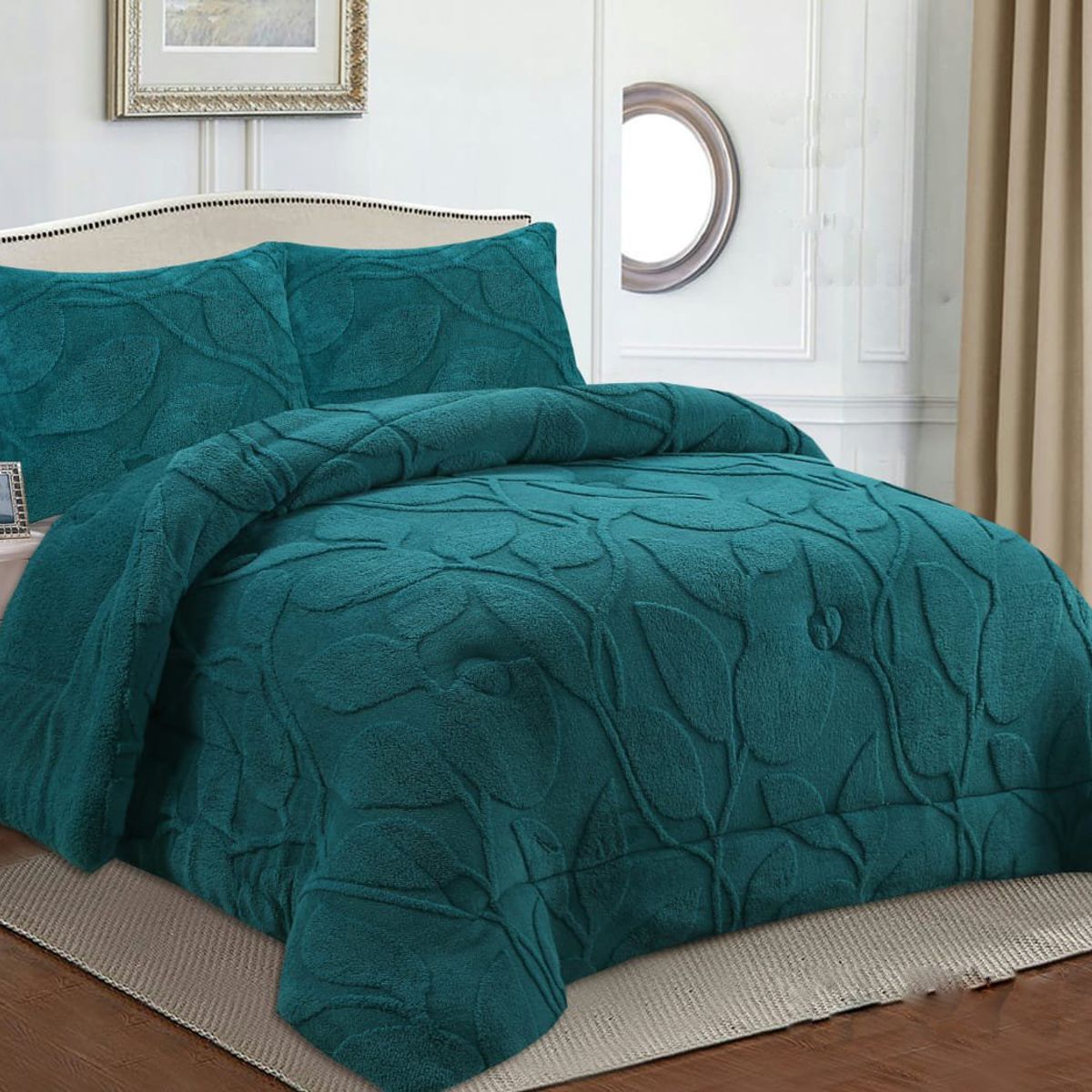 GENERICO - COBERTOR TEXTURIZADO DE FLORES CON CHIPORRO COLOR TURQUESA KING TF