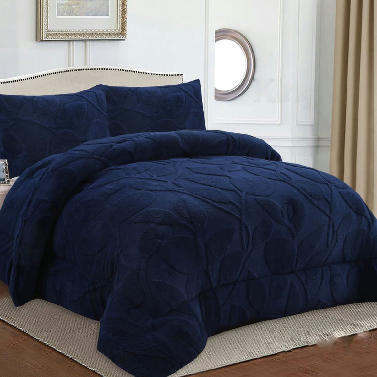 GENERICO - COBERTOR TEXTURIZADO DE FLORES CON CHIPORRO AZUL MARINO KING TF