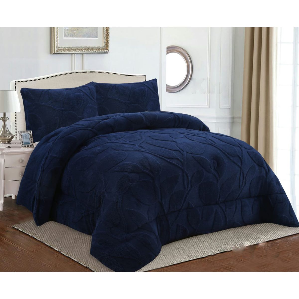 GENERICO - COBERTOR TEXTURIZADO DE FLORES CON CHIPORRO AZUL MARINO KING TF