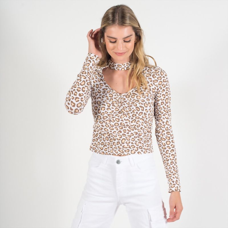 ME QUIERE MUCHO POQUITO NADA - Polera Chocker Mujer Animal Print Beige de Algodón - MQM