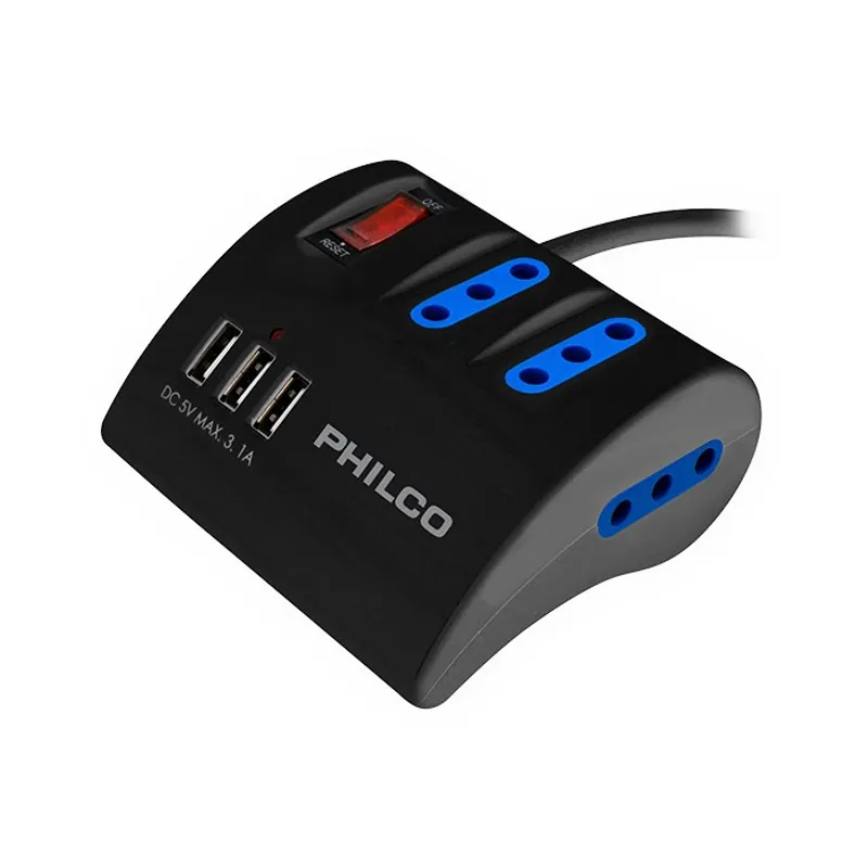 PHILCO - Alargador Extension Philco 3 POS y 3 USB Negro