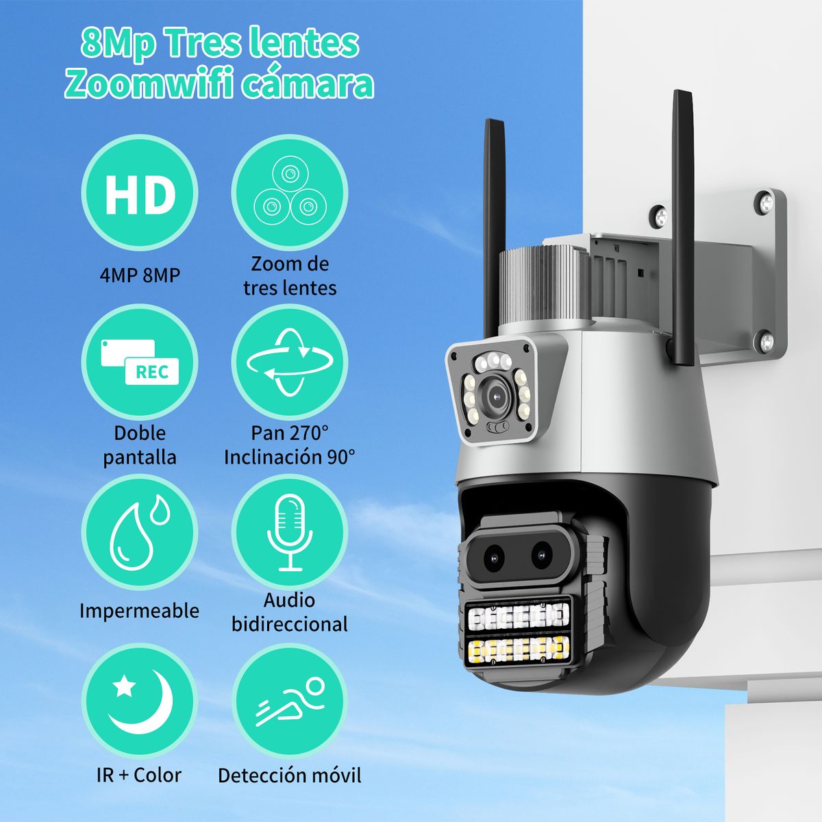 AIZO - AIZO Cámara Exterior 3 Lentes 3.6mm Full HD 360° para Seguridad Hogar