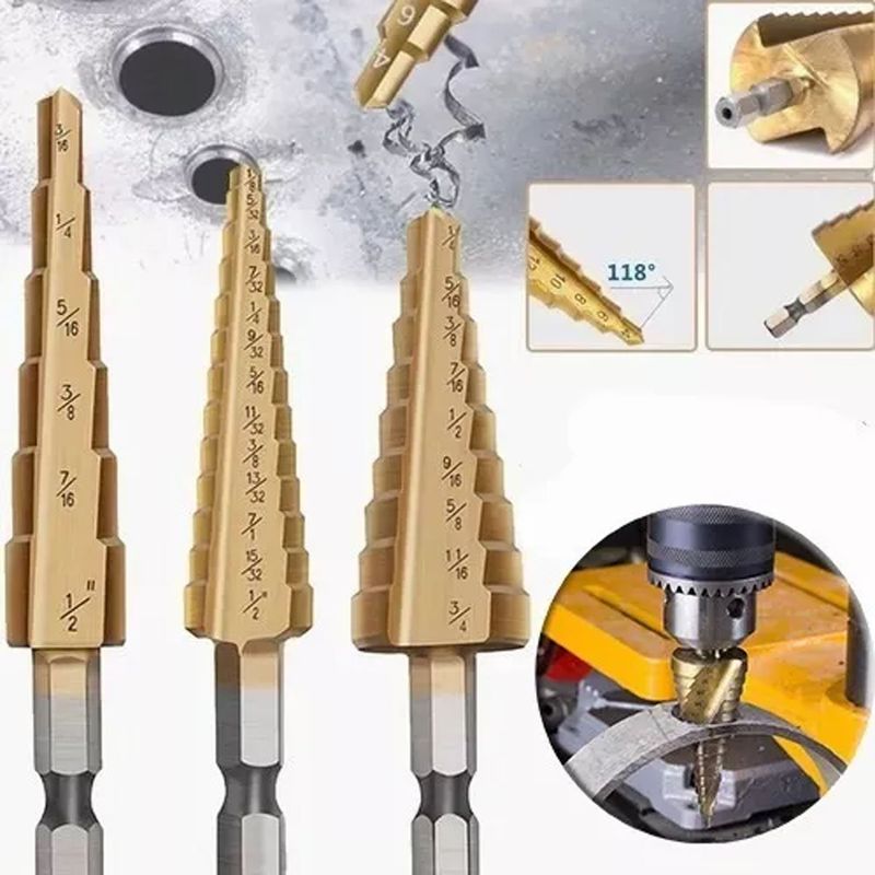EDWINAYY - Set 3 Brocas Cónicas Hss Acero Titanio Escalonadas Taladro