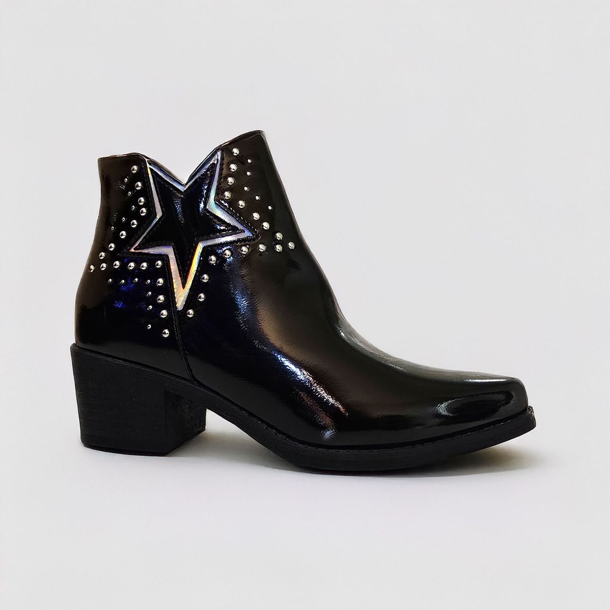 PAND G - Botin Diseño Estrella Taco Bajo 35 al 40 Negro Brillante -7668