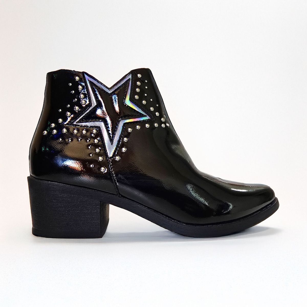 PAND G - Botin Diseño Estrella Taco Bajo 35 al 40 Negro Brillante -7668