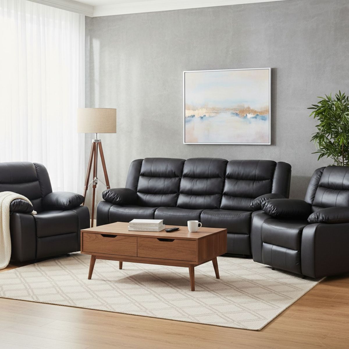 DANIELS - Living Sofá 3 Cuerpos Reclinable Roma Negro + 2 Bergers KM060BL