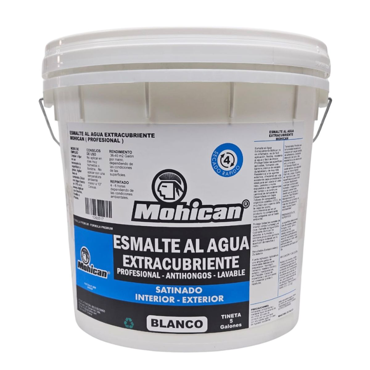 MOHICAN - ESMALTE AGUA EXTRACUBRIENTE SATIN 1 TIN 5 GAL PROF BLANCO