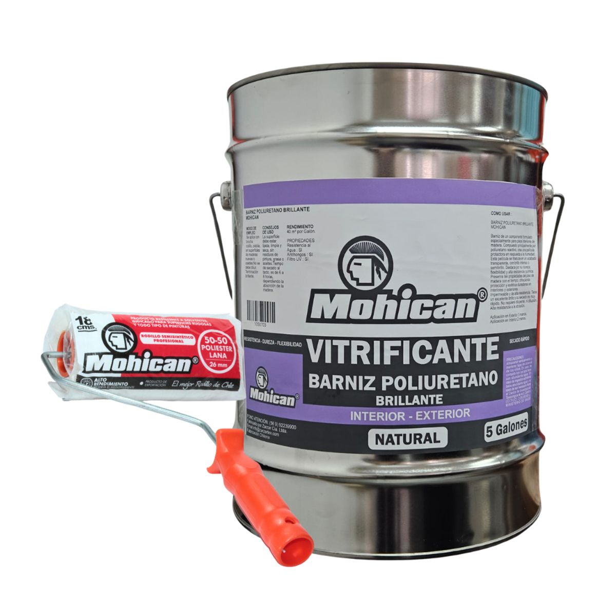 MOHICAN - VITRIFICANTE BARNIZ POLI BRILLA NATURAL 5GAL + RODILLO 18CMS