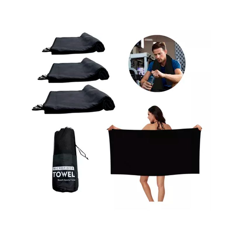 GENERICO - 3 Toallas Microfibra Secado Rapido Con Bolsa Viaje Gym Color Negro Lisa