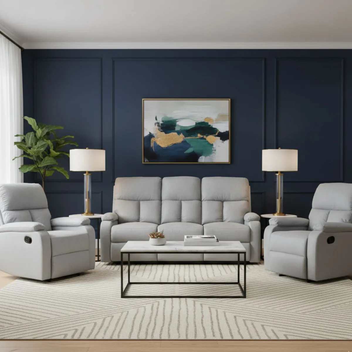 DANIELS - Living Sofá 3 Cuerpos Reclinable Matheus Gris + 2 Bergers