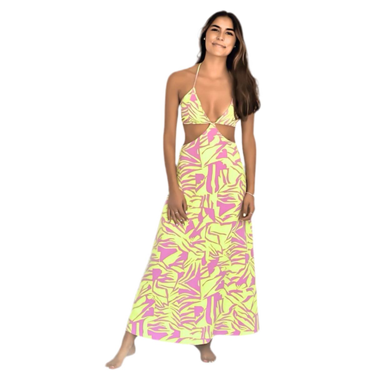 ME QUIERE MUCHO POQUITO NADA - Vestido Maxi Amarillo y Fucsia con Espalda Descubierta - MQM