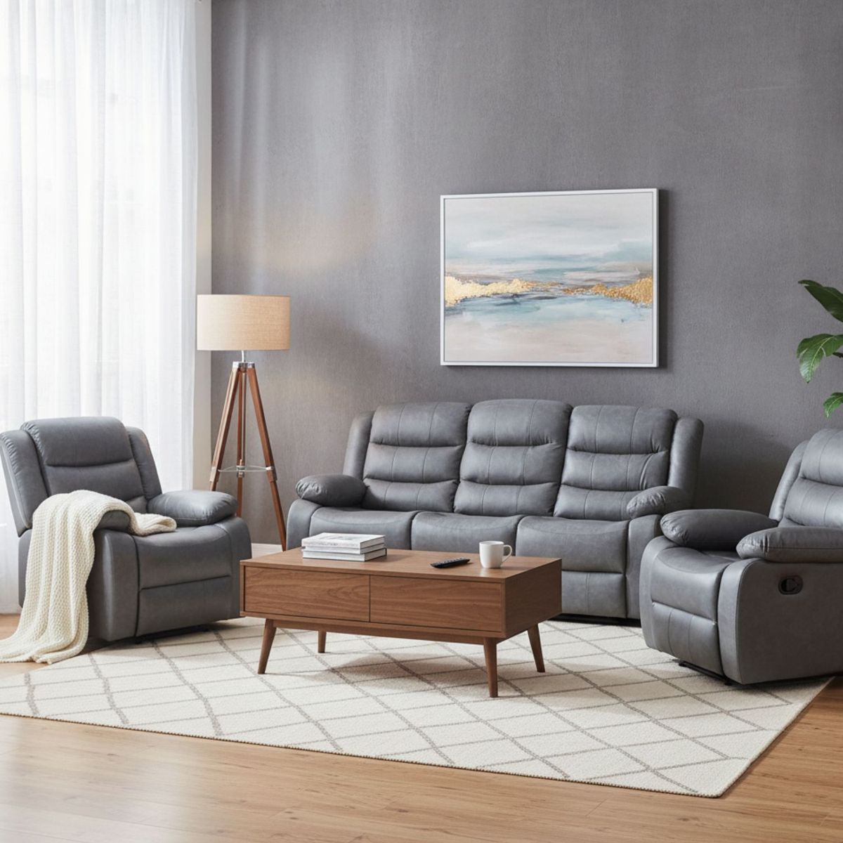 DANIELS - Living Sofá 3 Cuerpos Reclinable Roma Gris + 2 Bergers KM060GR