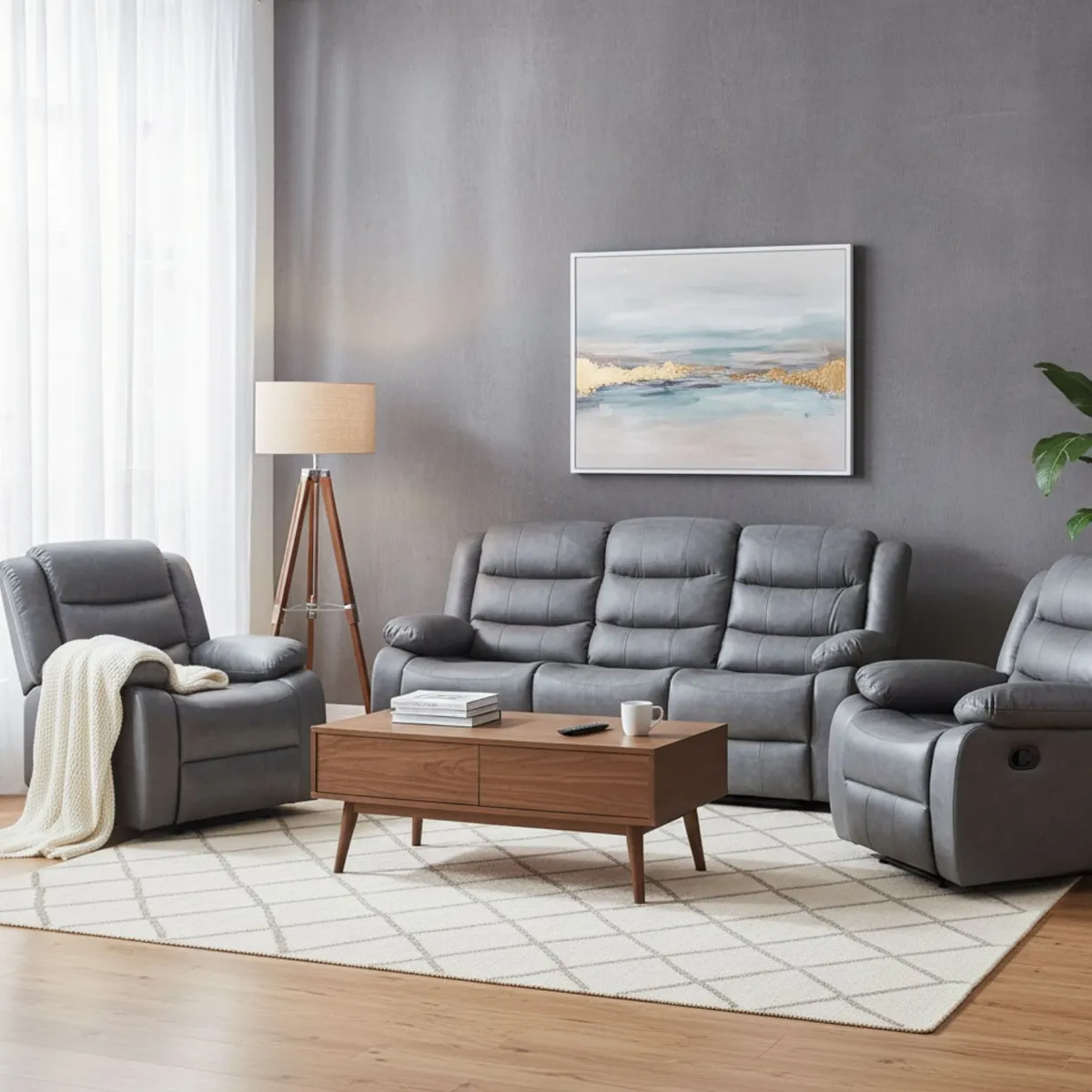 DANIELS - Living Sofá 3 Cuerpos Reclinable Roma Gris + 2 Bergers KM060GR
