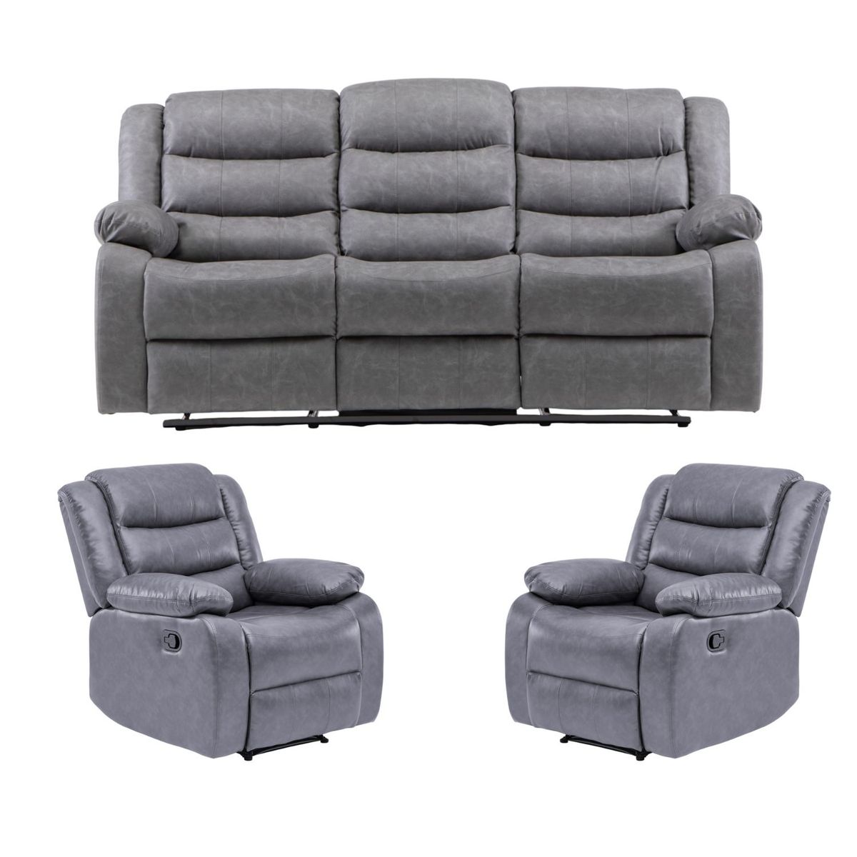 DANIELS - Living Sofá 3 Cuerpos Reclinable Roma Gris + 2 Bergers KM060GR