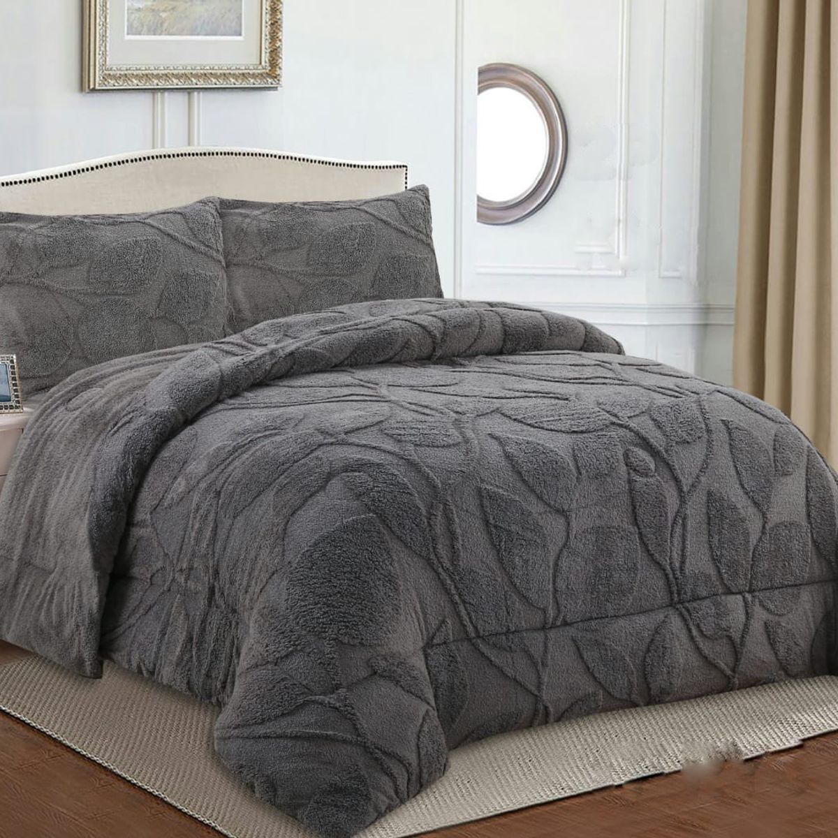 GENERICO - COBERTOR TEXTURIZADO DISEÑO DE HOJAS CON CHIPORRO 2 PLAZA GRIS TF