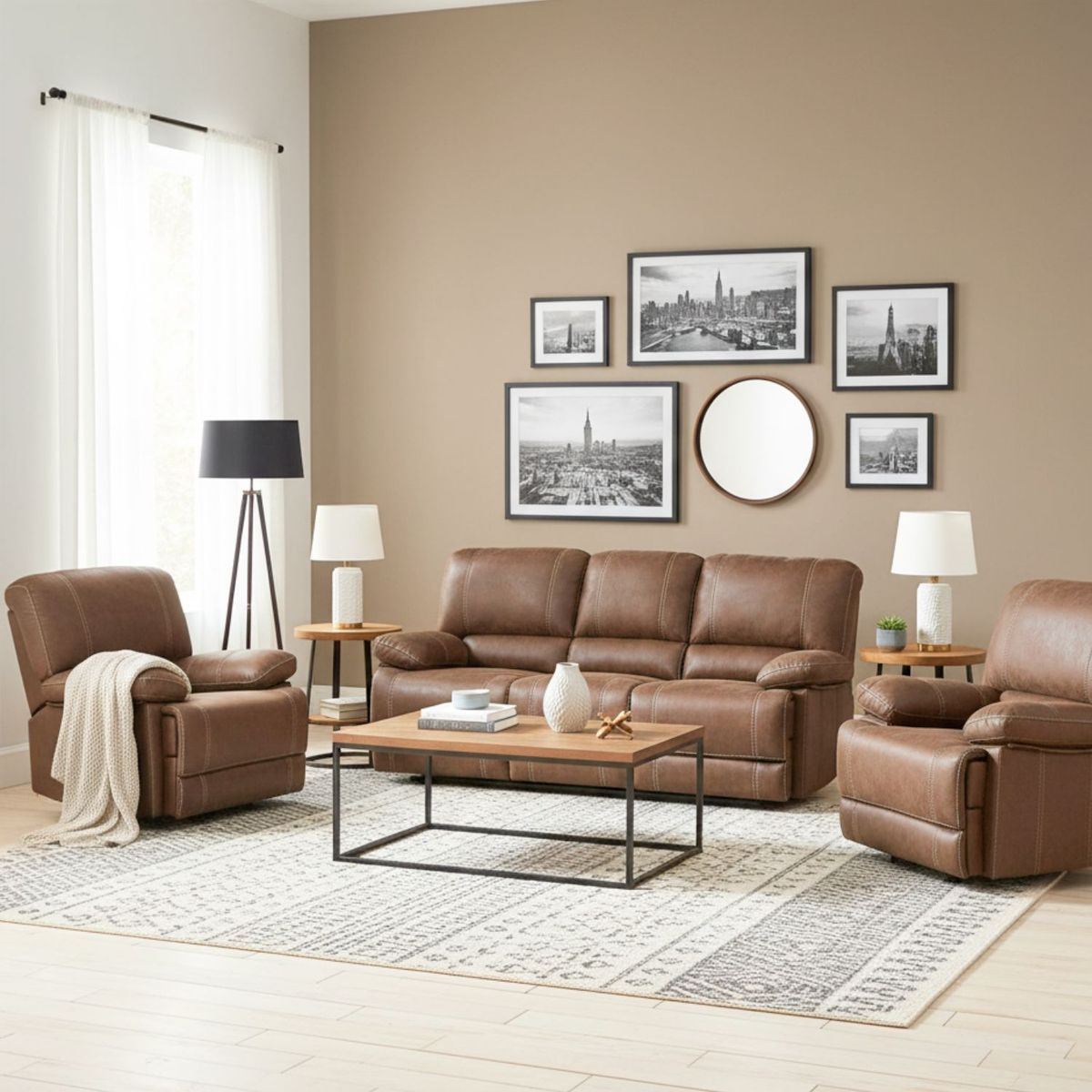 DANIELS - Living Sofá 3 Cuerpos Reclinable Castle Café + 2 Bergers 98023R4