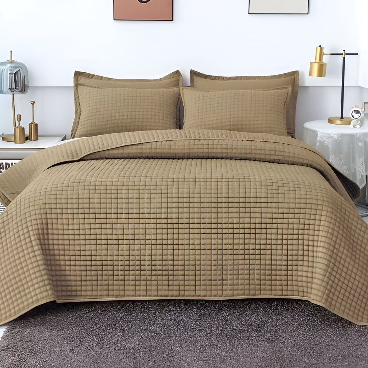 GENERICO - CUBRECAMA QUILT VERANO DISEÑO CUADRILLE 2 PLAZAS CAQUI