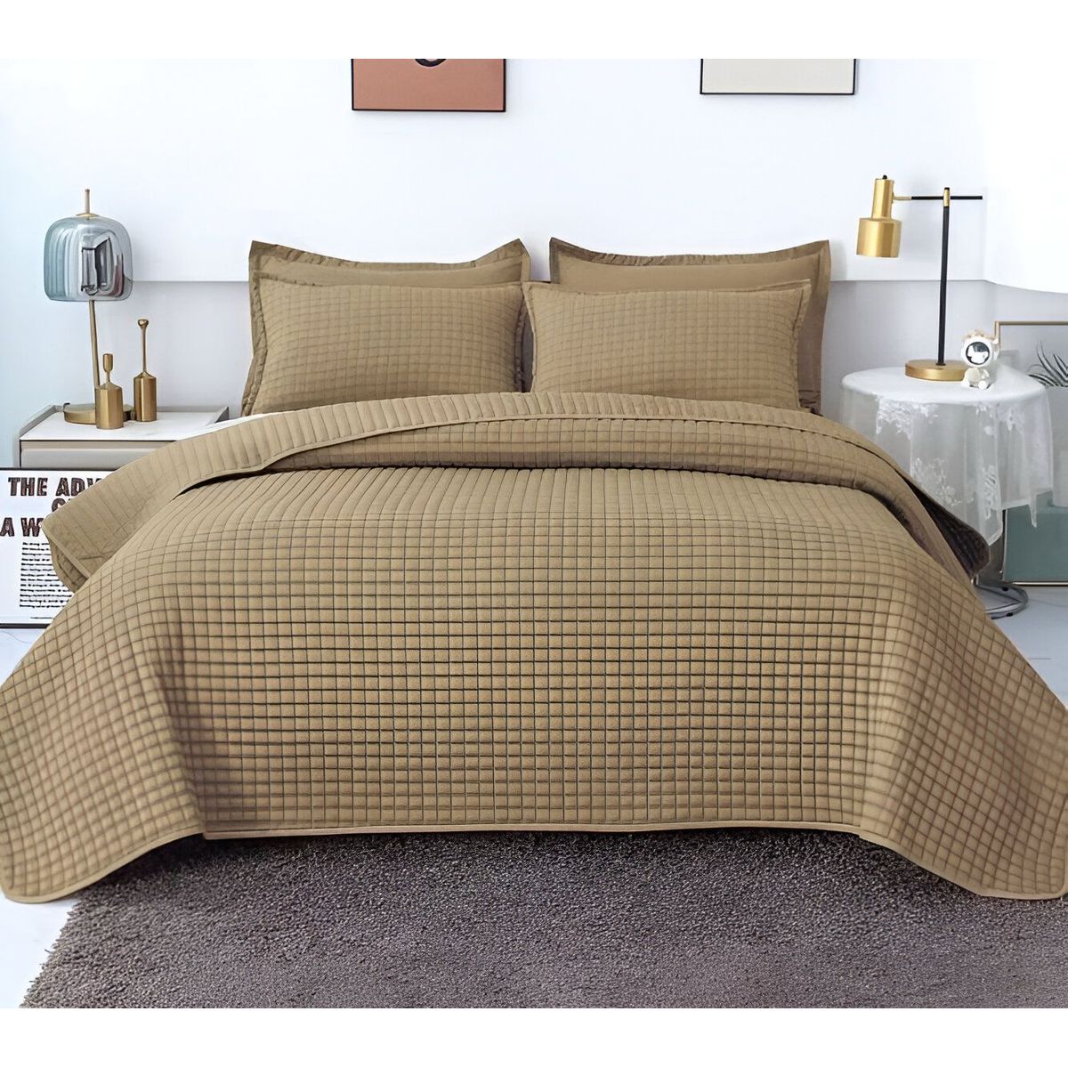 GENERICO - CUBRECAMA QUILT VERANO DISEÑO CUADRILLE 2 PLAZAS CAQUI