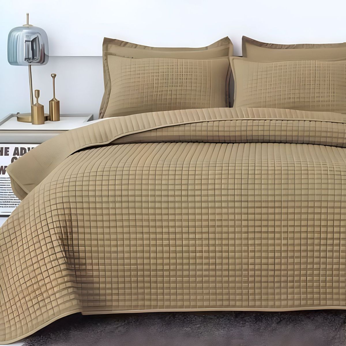 GENERICO - CUBRECAMA QUILT VERANO DISEÑO CUADRILLE 2 PLAZAS CAQUI