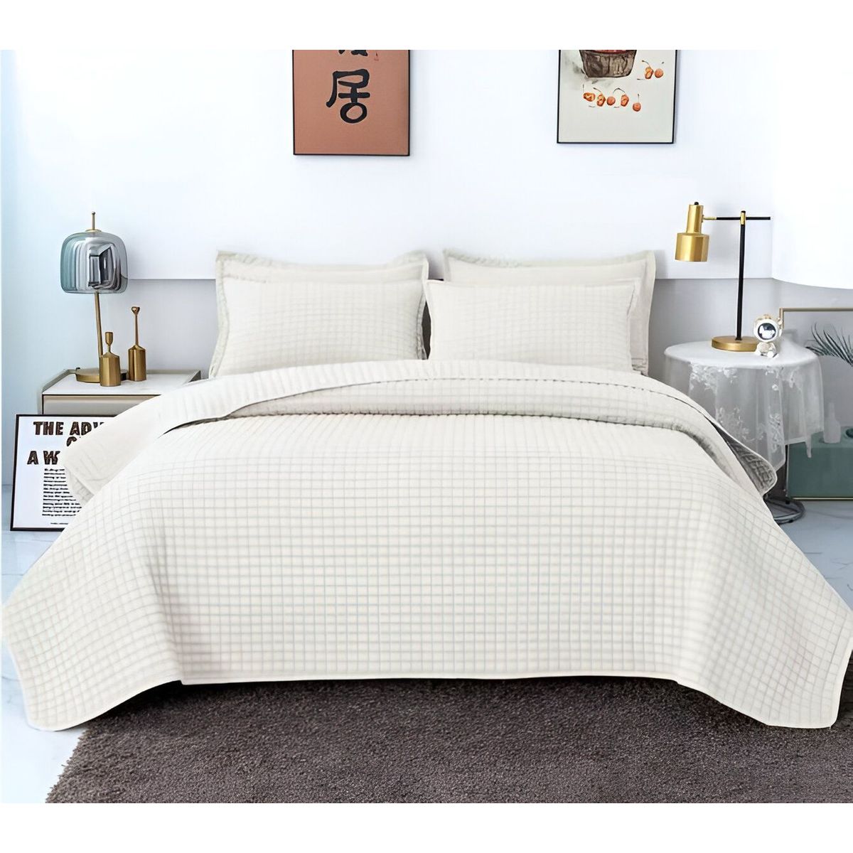 GENERICO - CUBRECAMA QUILT VERANO DISEÑO CUADRILLE 2 PLAZAS BLANCO_.