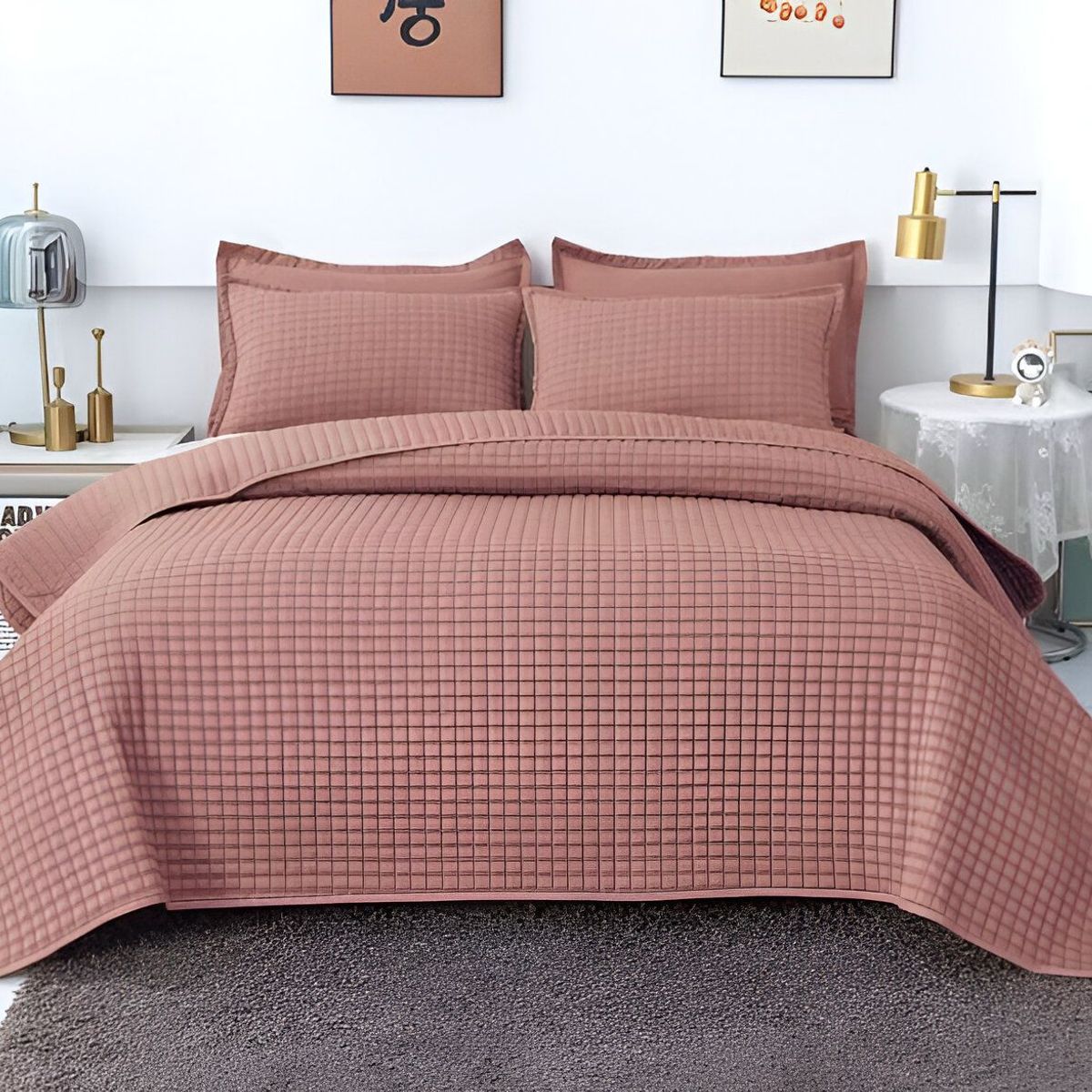 GENERICO - CUBRECAMA QUILT VERANO DISEÑO CUADRILLE PLAZA Y MEDIA ROSA