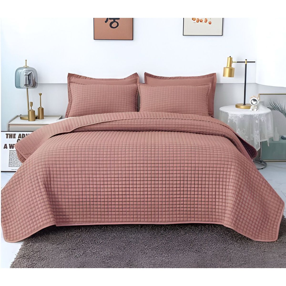 GENERICO - CUBRECAMA QUILT VERANO DISEÑO CUADRILLE PLAZA Y MEDIA ROSA