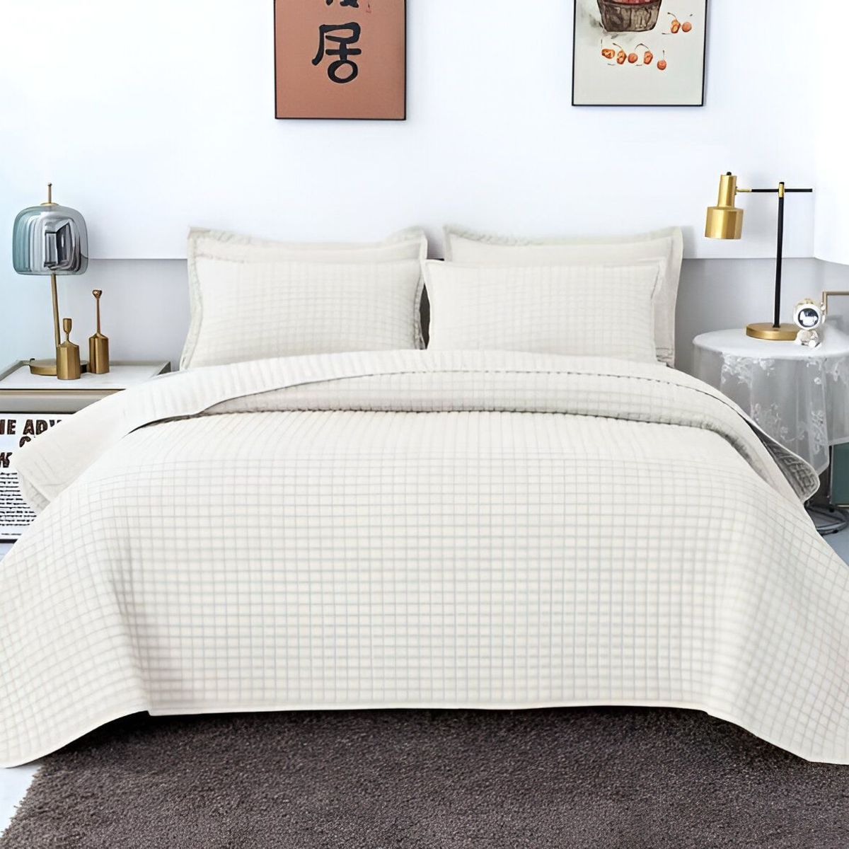 GENERICO - CUBRECAMA QUILT VERANO DISEÑO CUADRILLE PLAZA Y MEDIA BLANCO