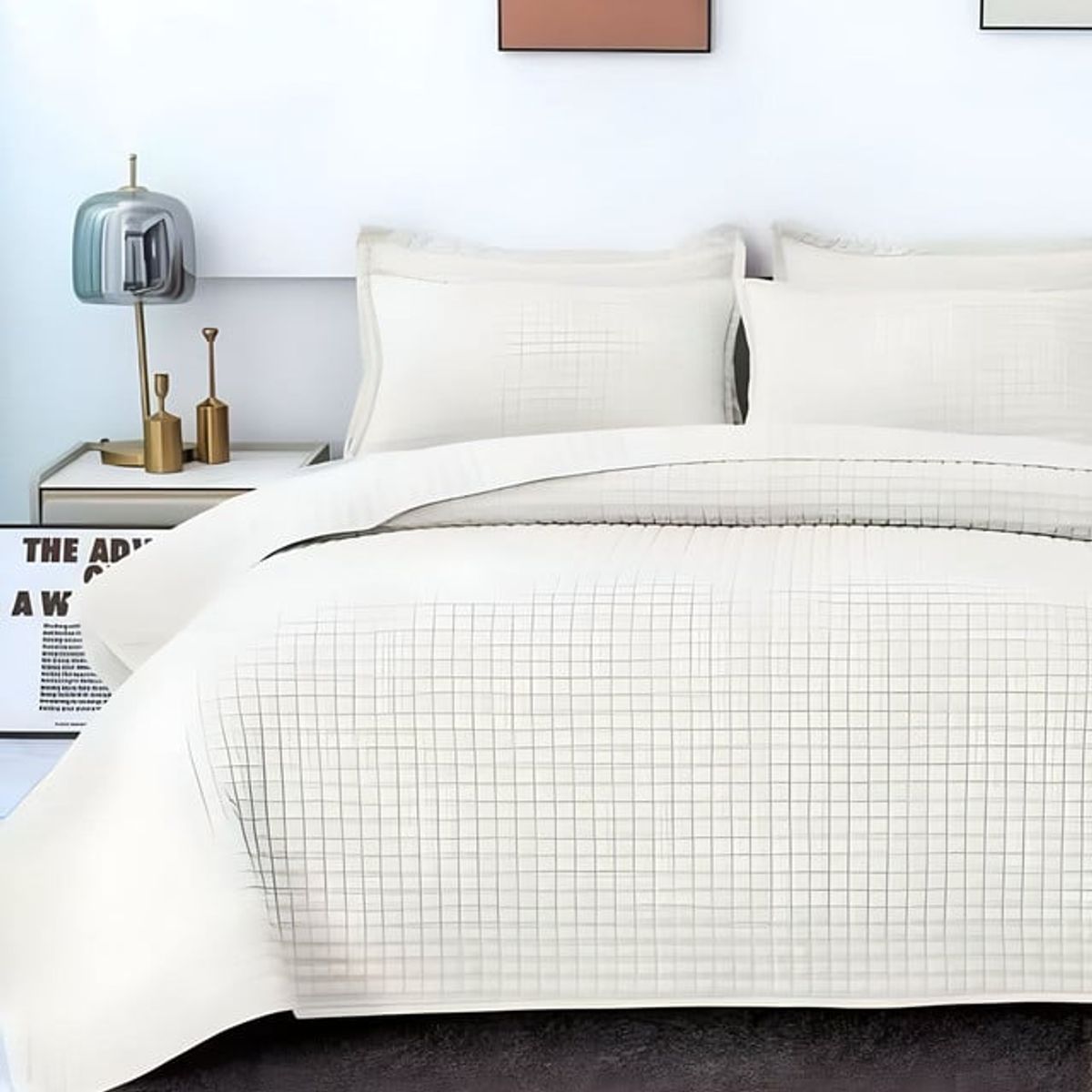 GENERICO - CUBRECAMA QUILT VERANO DISEÑO CUADRILLE PLAZA Y MEDIA BLANCO