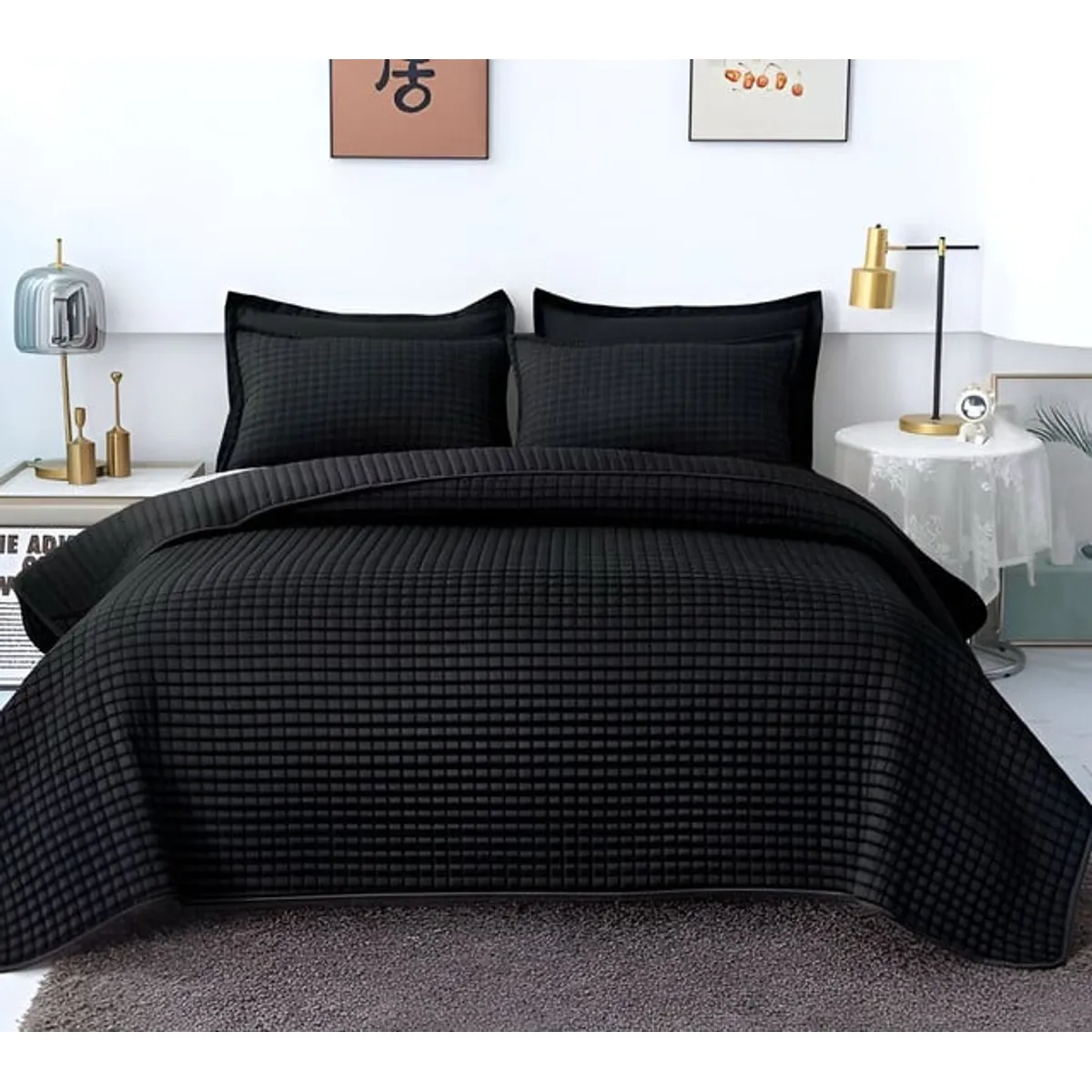 GENERICO - CUBRECAMA QUILT VERANO DISEÑO CUADRILLE PLAZA Y MEDIA NEGRO