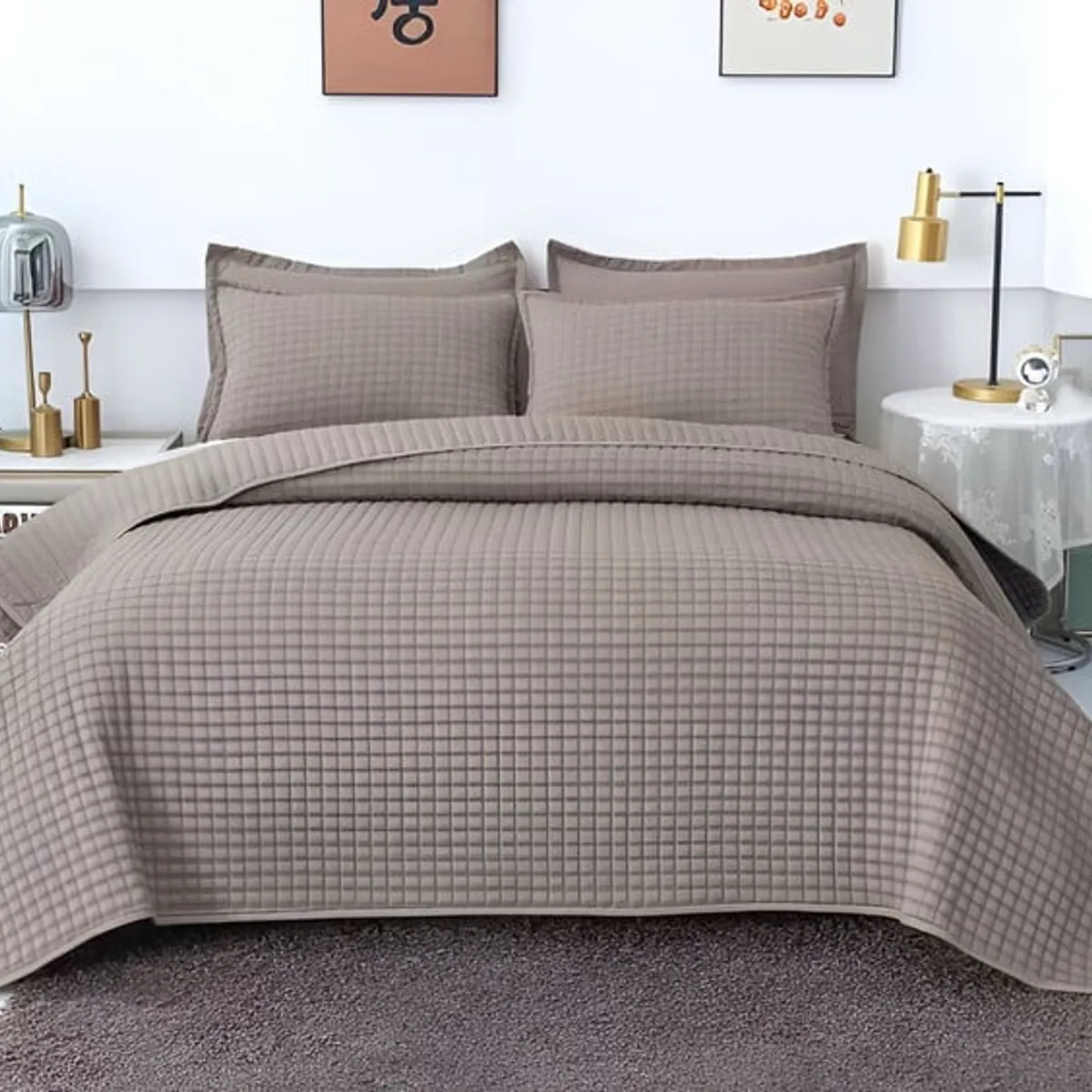 GENERICO - CUBRECAMA QUILT VERANO DISEÑO CUADRILLE PLAZA Y MEDIA GRIS