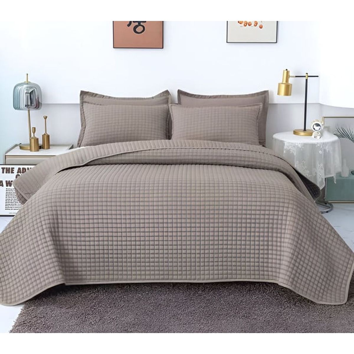 GENERICO - CUBRECAMA QUILT VERANO DISEÑO CUADRILLE PLAZA Y MEDIA GRIS
