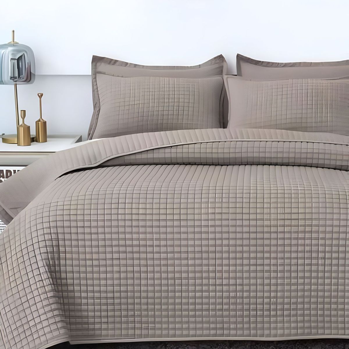 GENERICO - CUBRECAMA QUILT VERANO DISEÑO CUADRILLE PLAZA Y MEDIA GRIS
