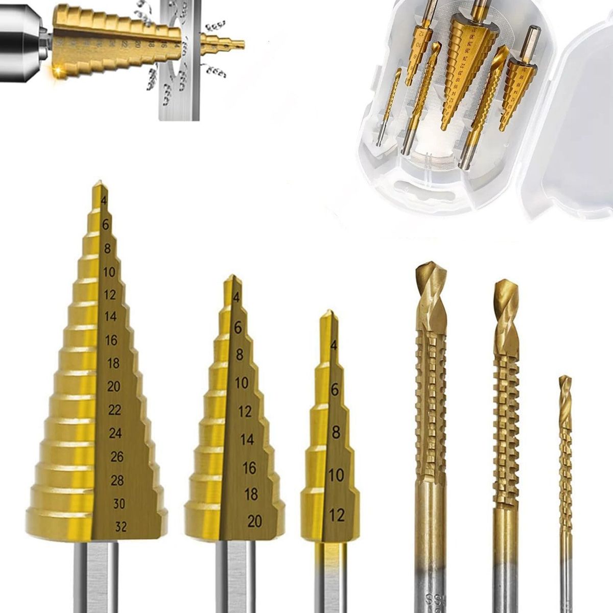 KUANGYE - 6 Brocas Escalonadas Sierra Titanio Acero Hss 4-12/20/32mm