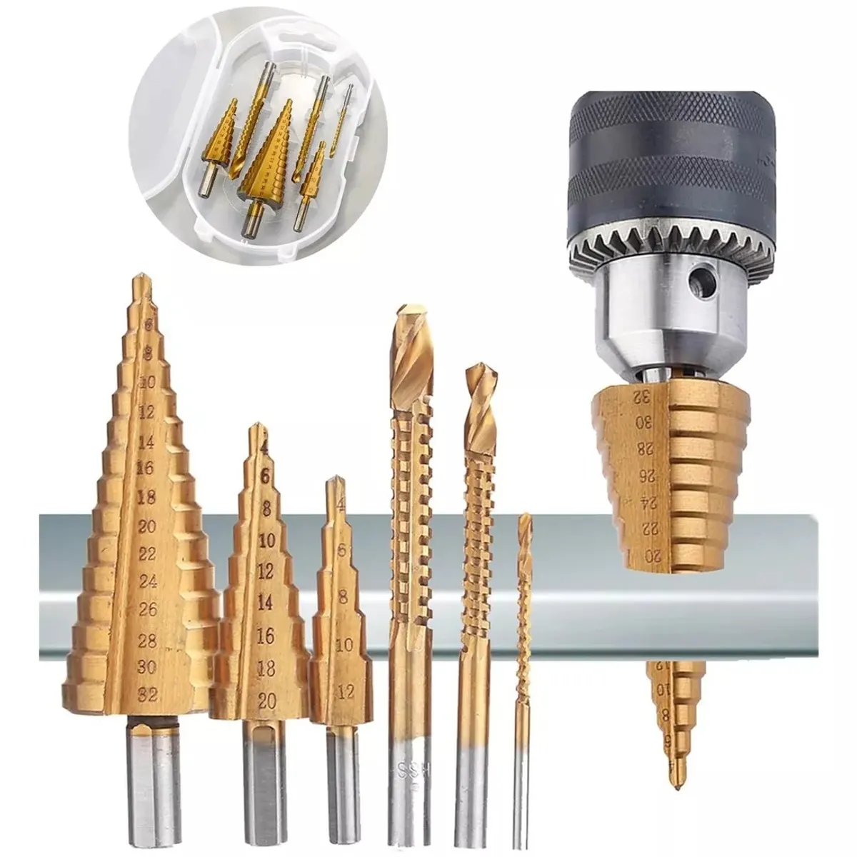 KUANGYE - Juego De 6 Brocas Cónicas Hss Acero Titanio Metal + Estuche
