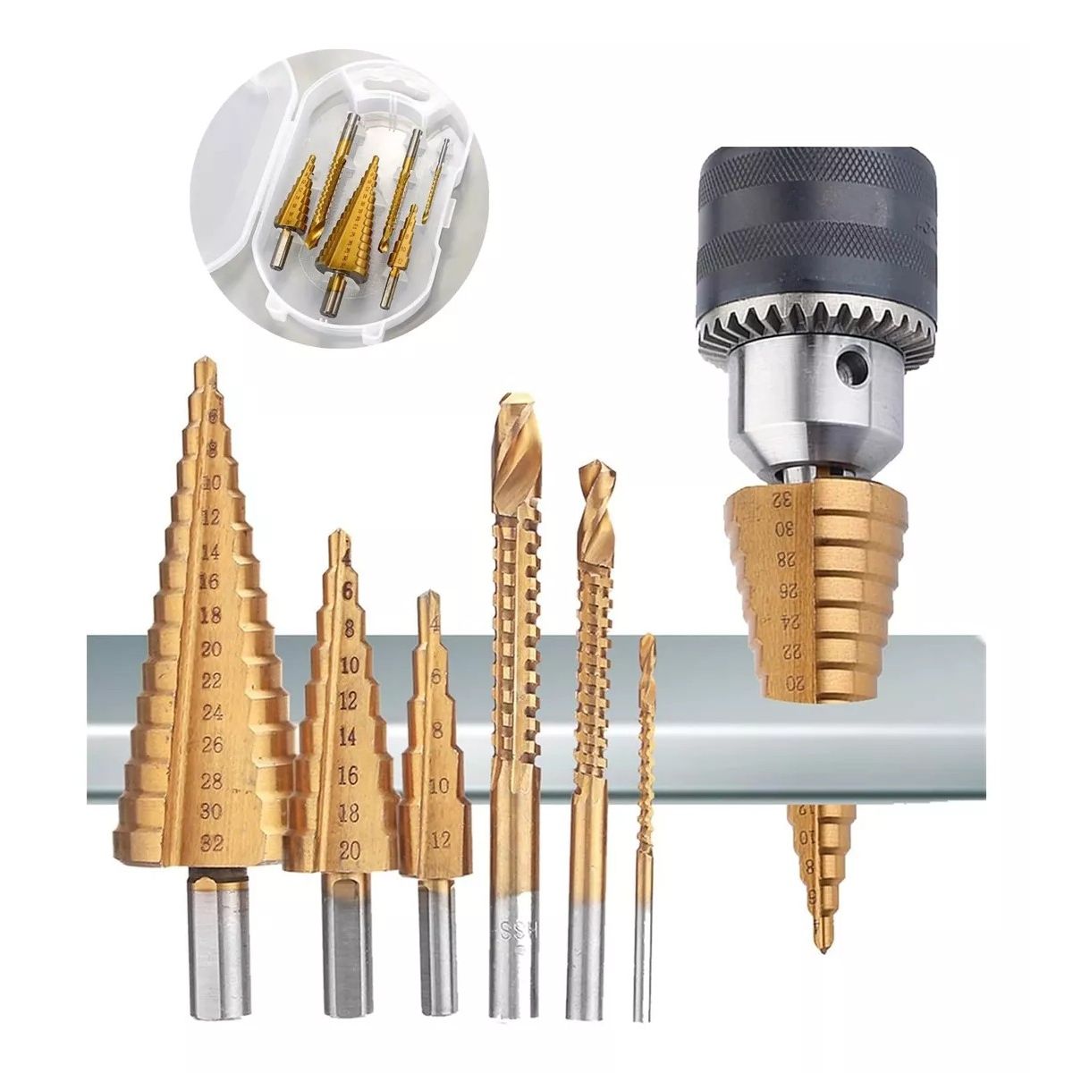 KUANGYE - Juego De 6 Brocas Cónicas Hss Acero Titanio Metal + Estuche