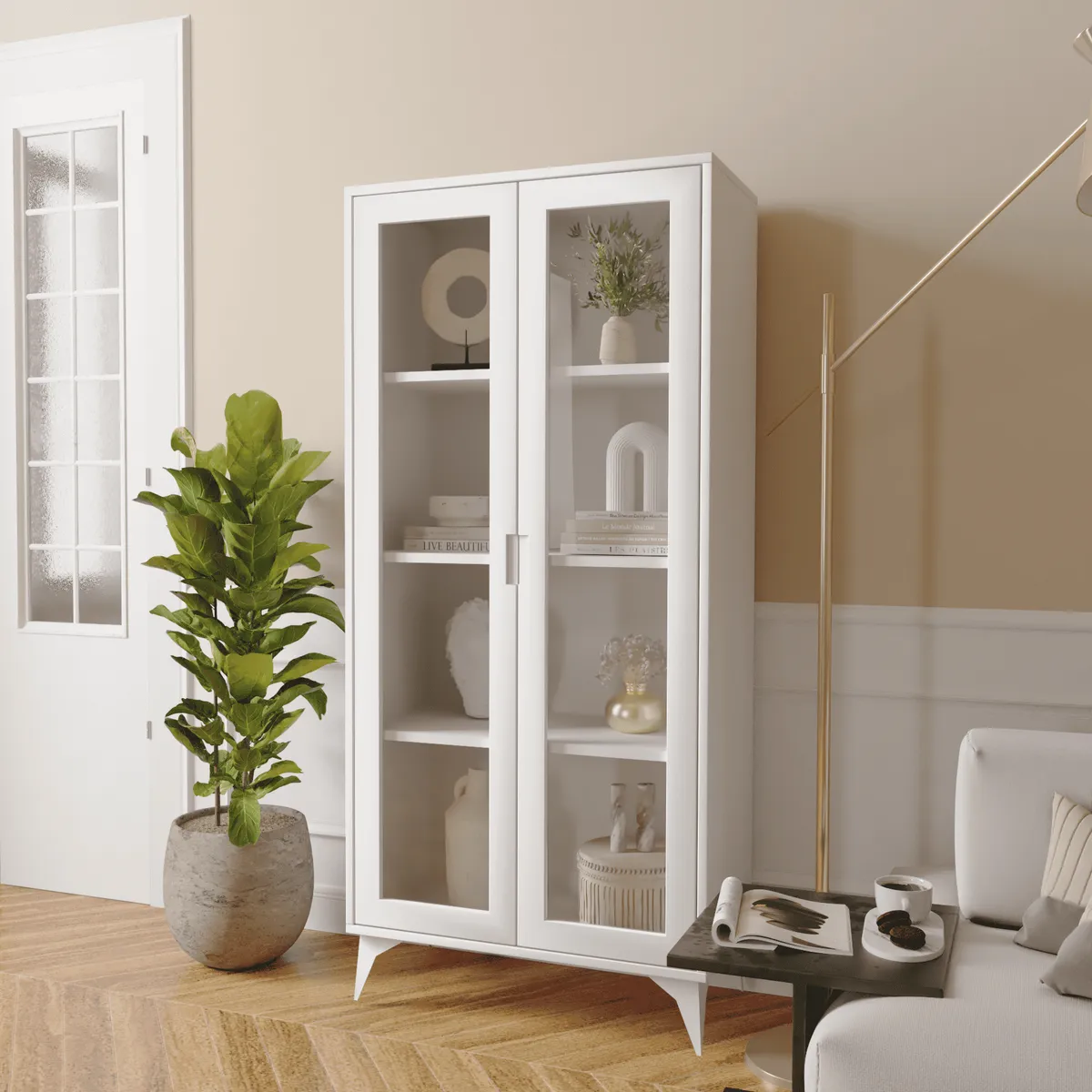 HOMIMAD - MUEBLE VITRINA REPISA BLANCA COMEDOR LIVING CON PUERTAS DE VIDRIO