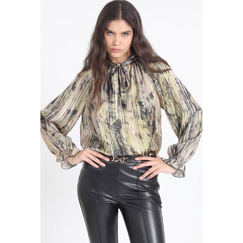 LIOLA - Blusa Lazada En Cuello, Satin Estampado, Amarillo Liola