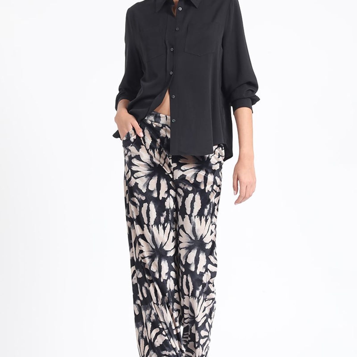 LIOLA - Pantalon Ancho, Tiro Alto, Estampado, Beige Liola