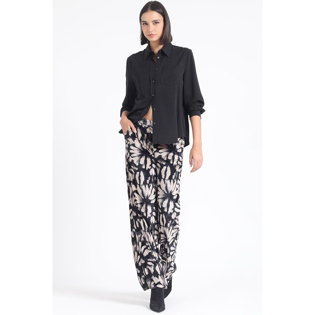 LIOLA - Pantalon Ancho, Tiro Alto, Estampado, Beige Liola