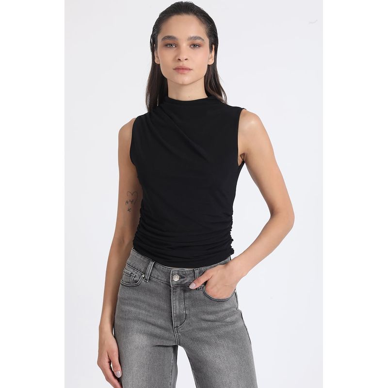 LIOLA - Top Malla Con Recogido En Costados Y Un Hombro, Negro Liola