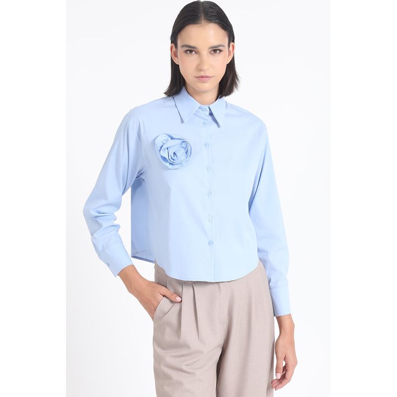 LIOLA - Camisa Poplin Algodón, Aplicación Flor, Celeste Liola
