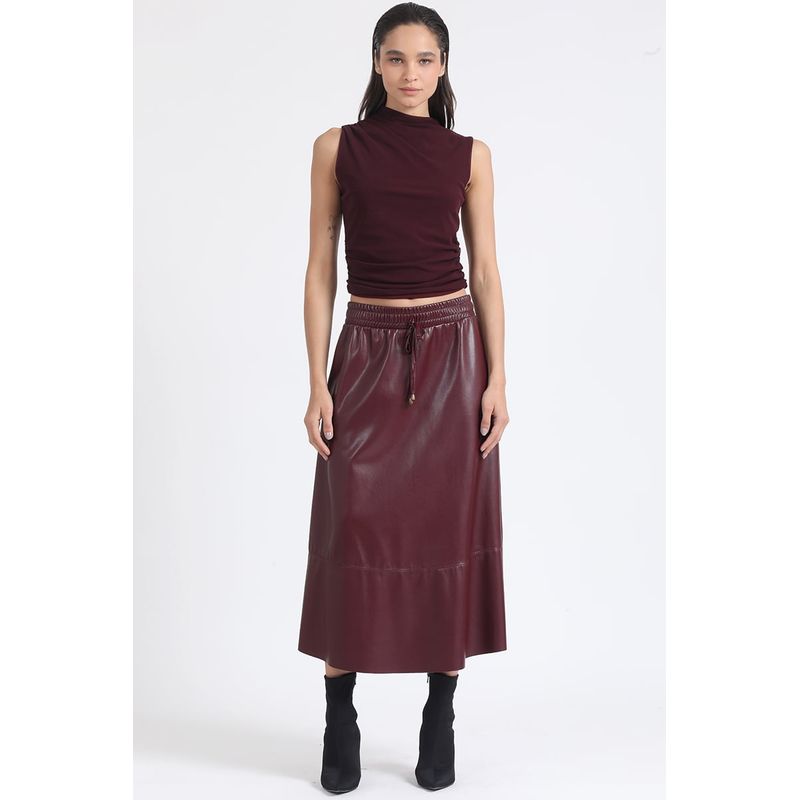 LIOLA - Falda Amplia Midi Efecto Cuero, Vino Liola