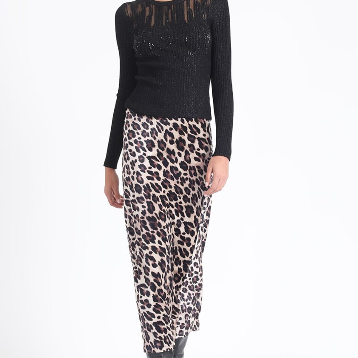 LIOLA - Falda Maxi Estampado Leopardo, Negro Liola