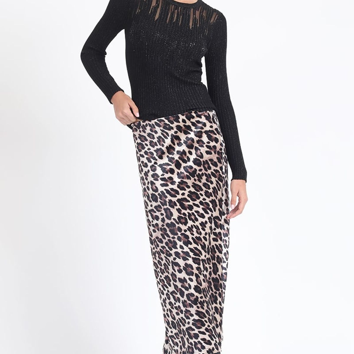 LIOLA - Falda Maxi Estampado Leopardo, Negro Liola