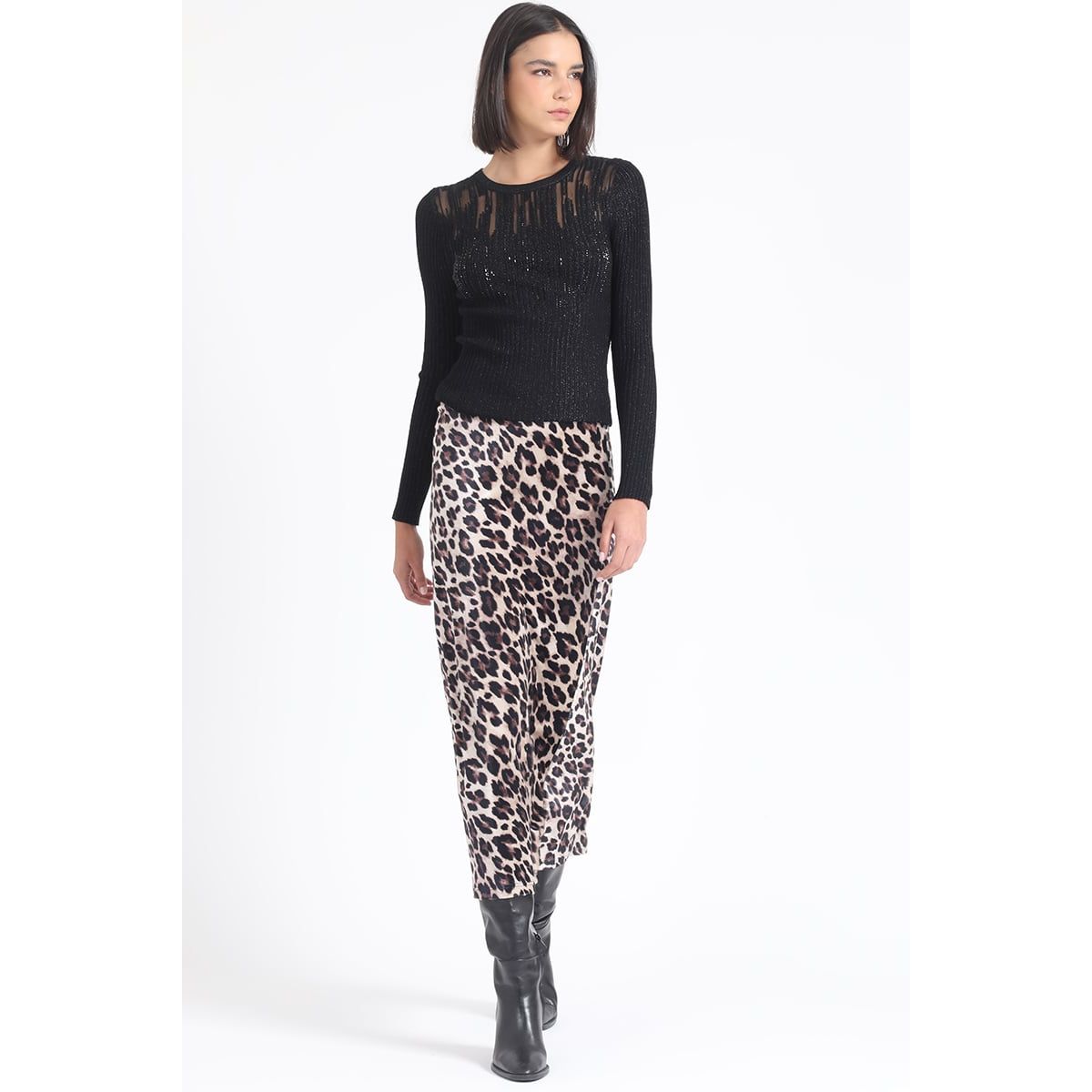 LIOLA - Falda Maxi Estampado Leopardo, Negro Liola